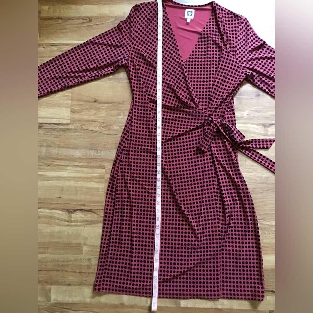 NWOT Anne Klein Classic Faux Wrap Dress Cinnamon & Black Polka Dot - Picture 9 of 14